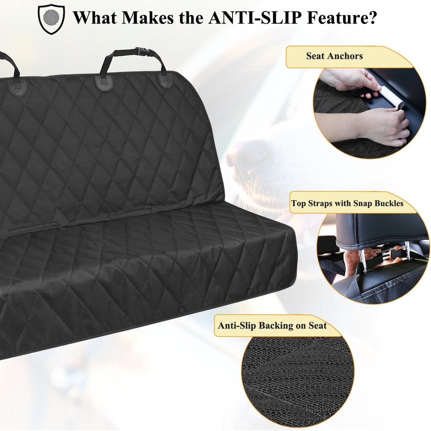 Dog Seat Covers, Dog Backseat Rear Cover Pet Car Bench Back Protectors with Anti-Slip Backing for Most Cars, Black, 46" L * 52" W